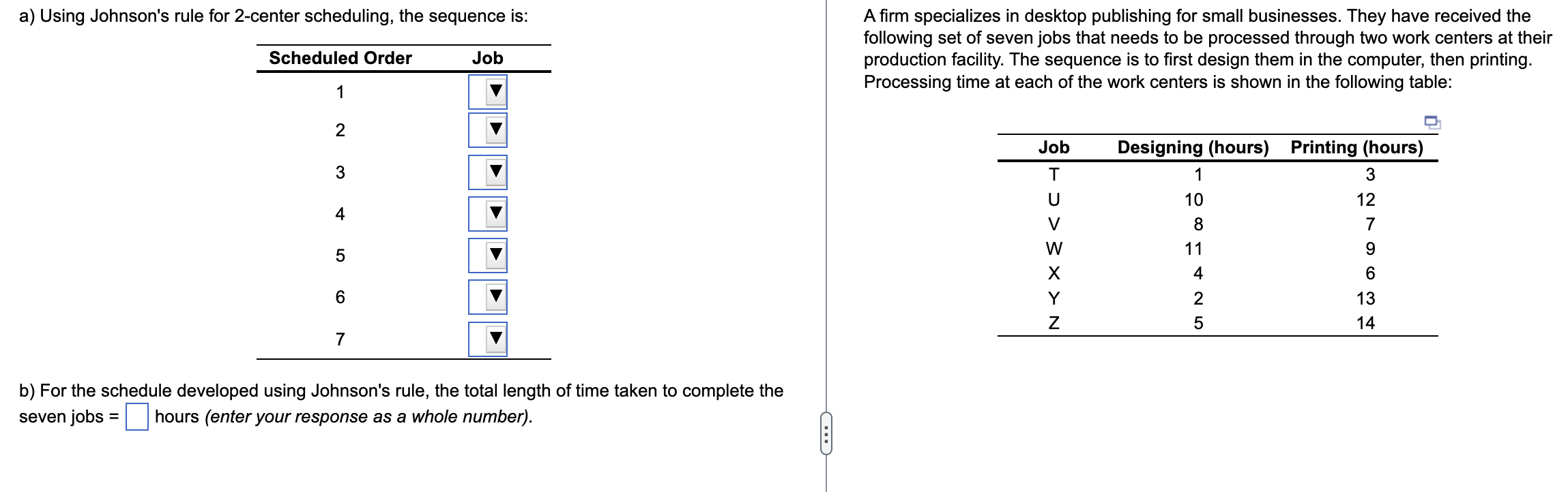  a) Using Johnson's rule for 2-center scheduling, the sequence is: A