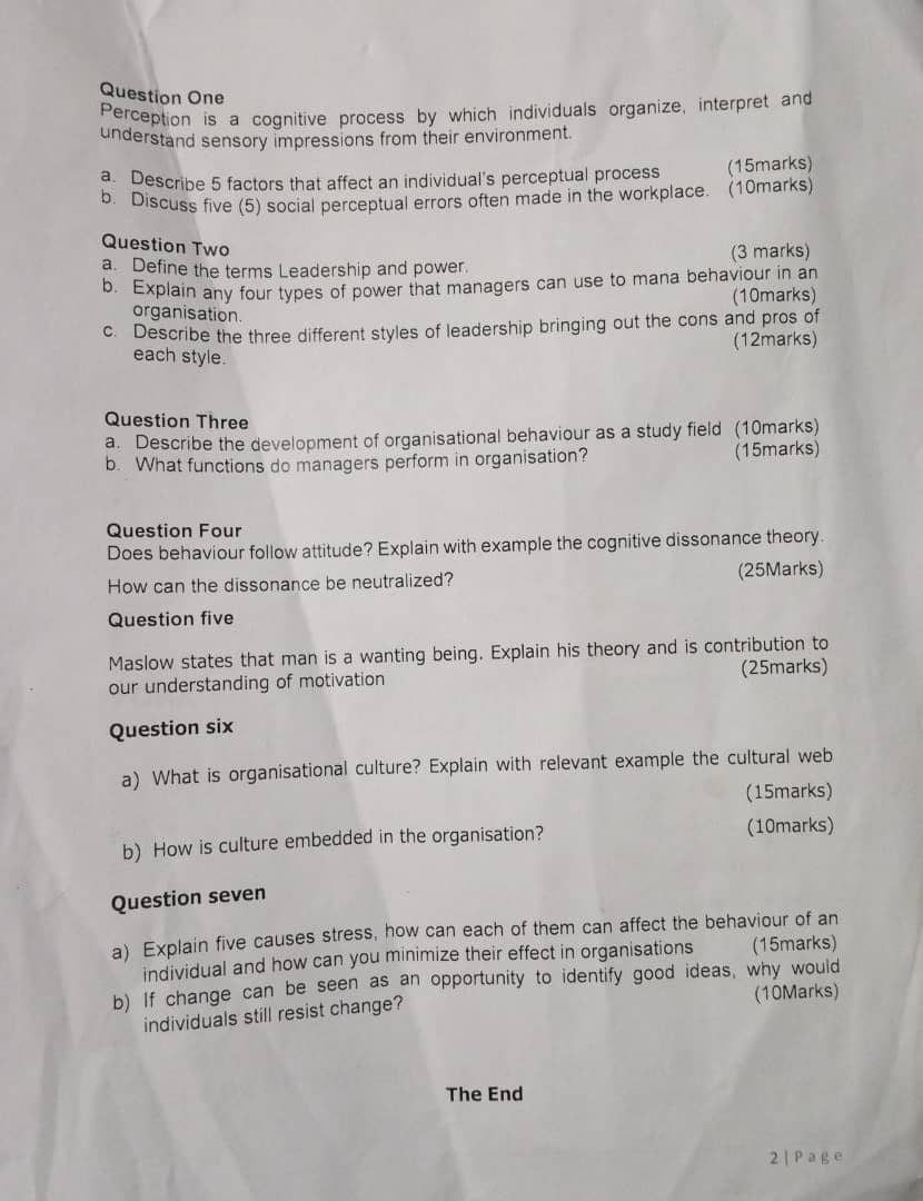 Question One Perception is a cognitive process by which individuals organize,