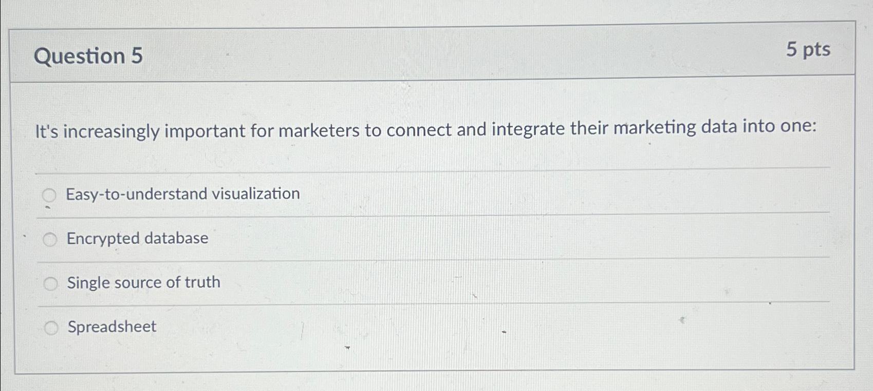  Question 5 5 pts It's increasingly important for marketers to connect