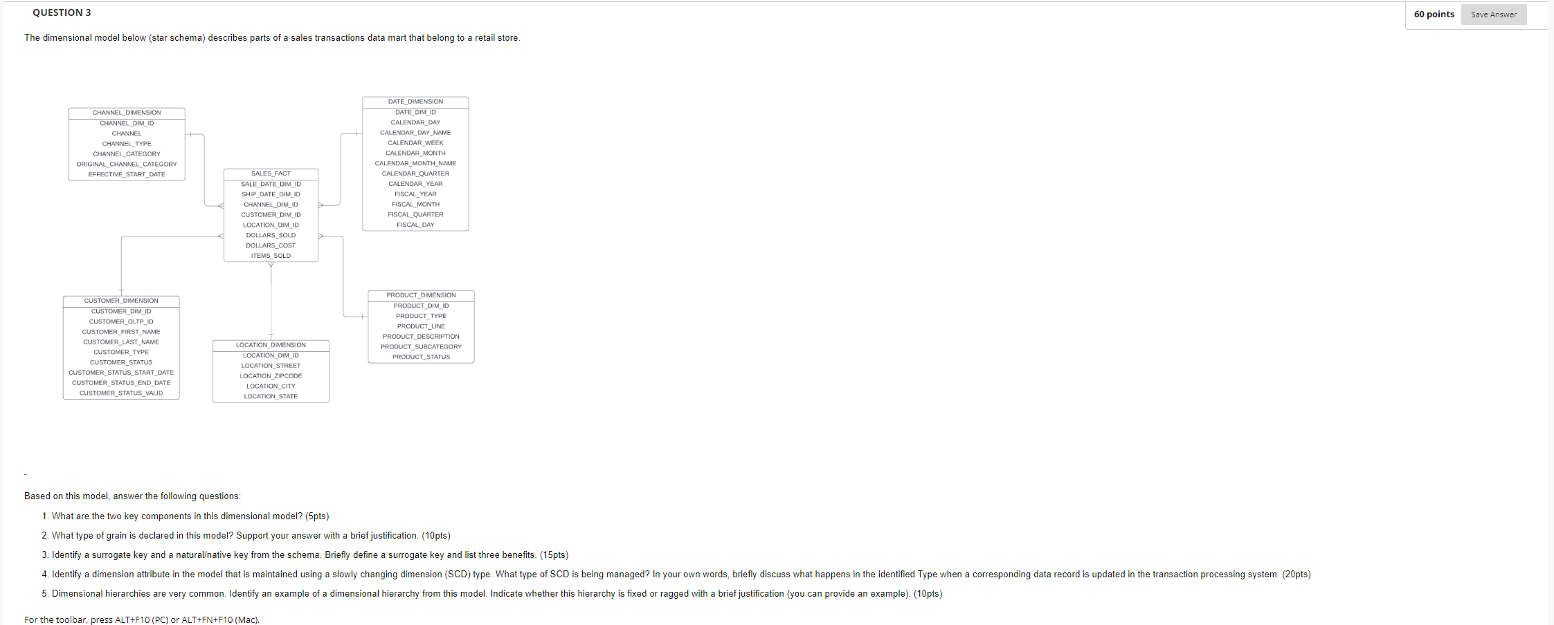  QUESTION 3 The dimensional model below (star schema) describes parts of