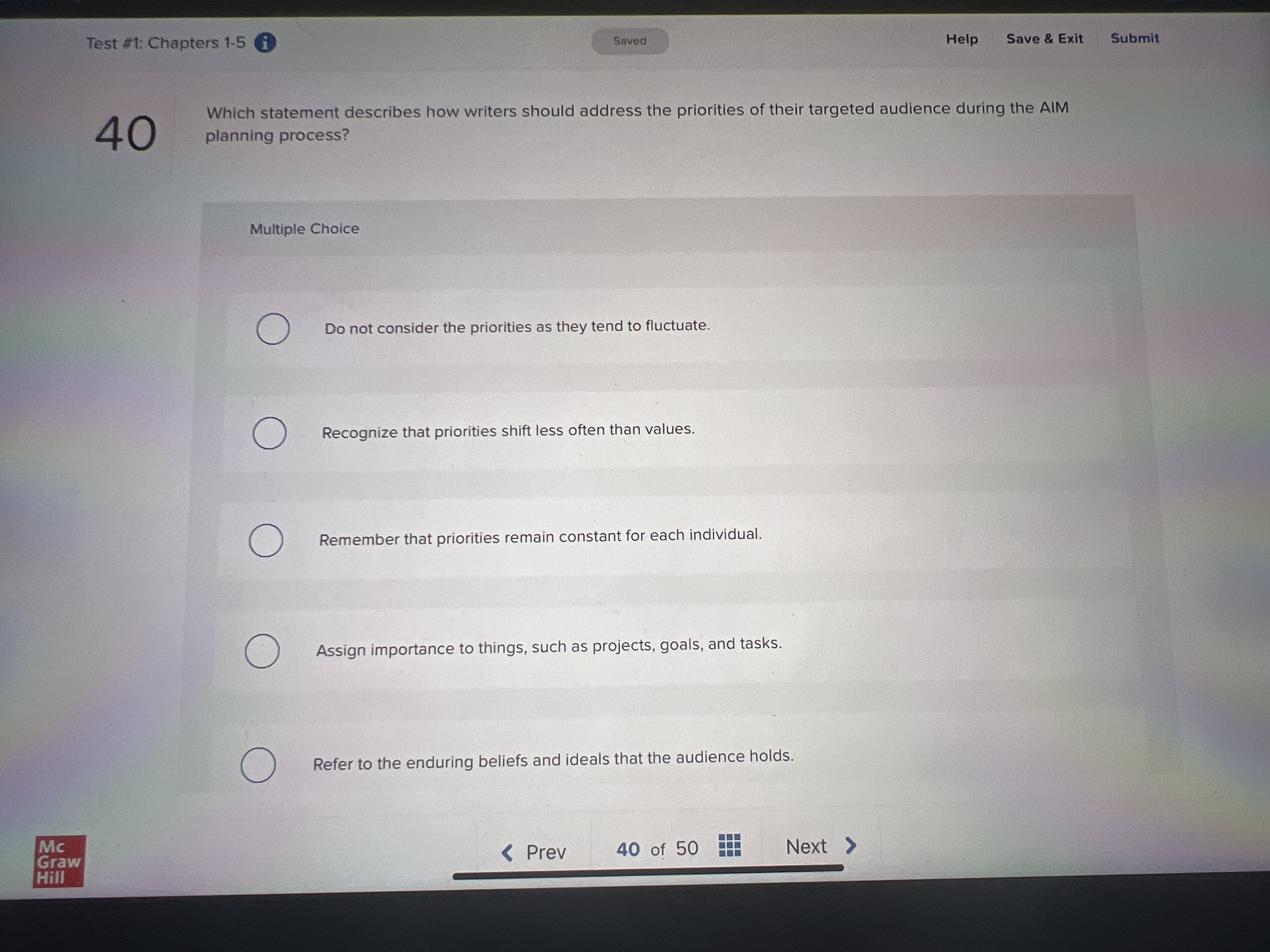  Test #1: Chapters 1-5 i Saved Help Save & Exit Submit