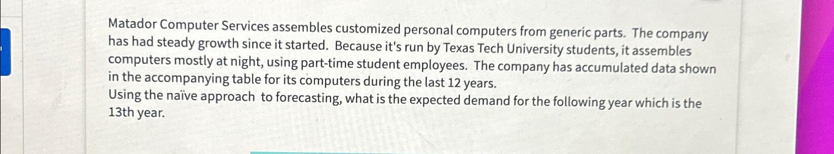  Matador Computer Services assembles customized personal computers from generic parts. The