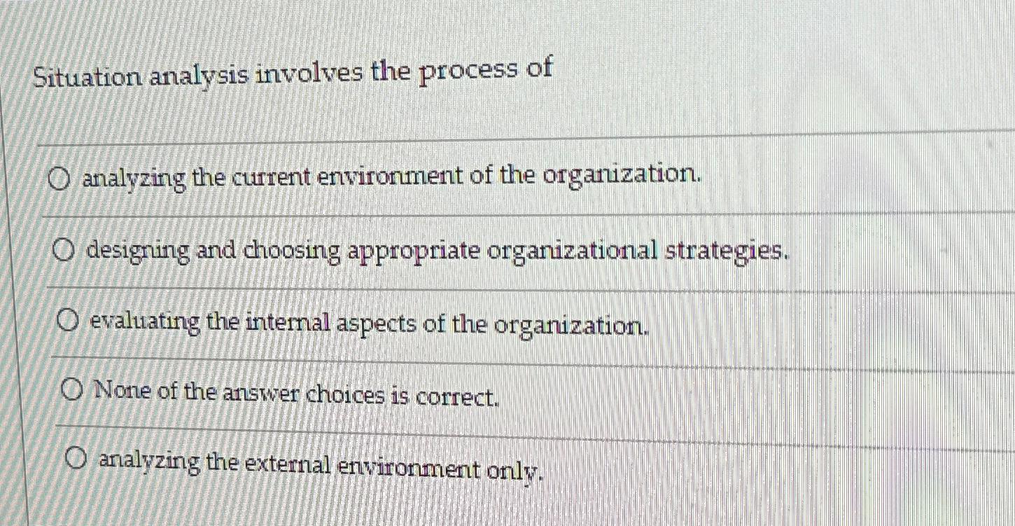  Situation analysis involves the process of analyzing the current environment of