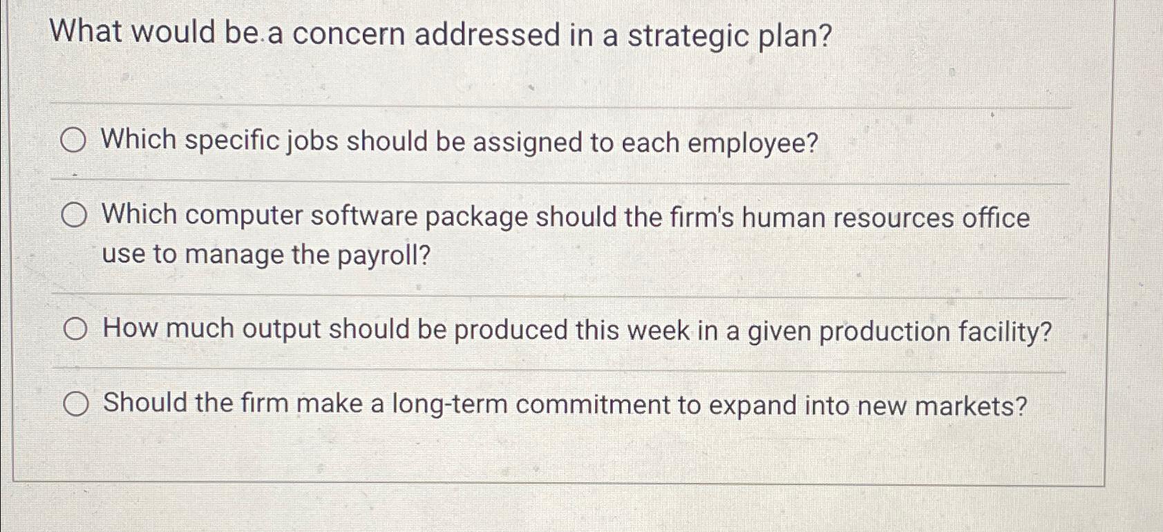  What would be a concern addressed in a strategic plan? Which