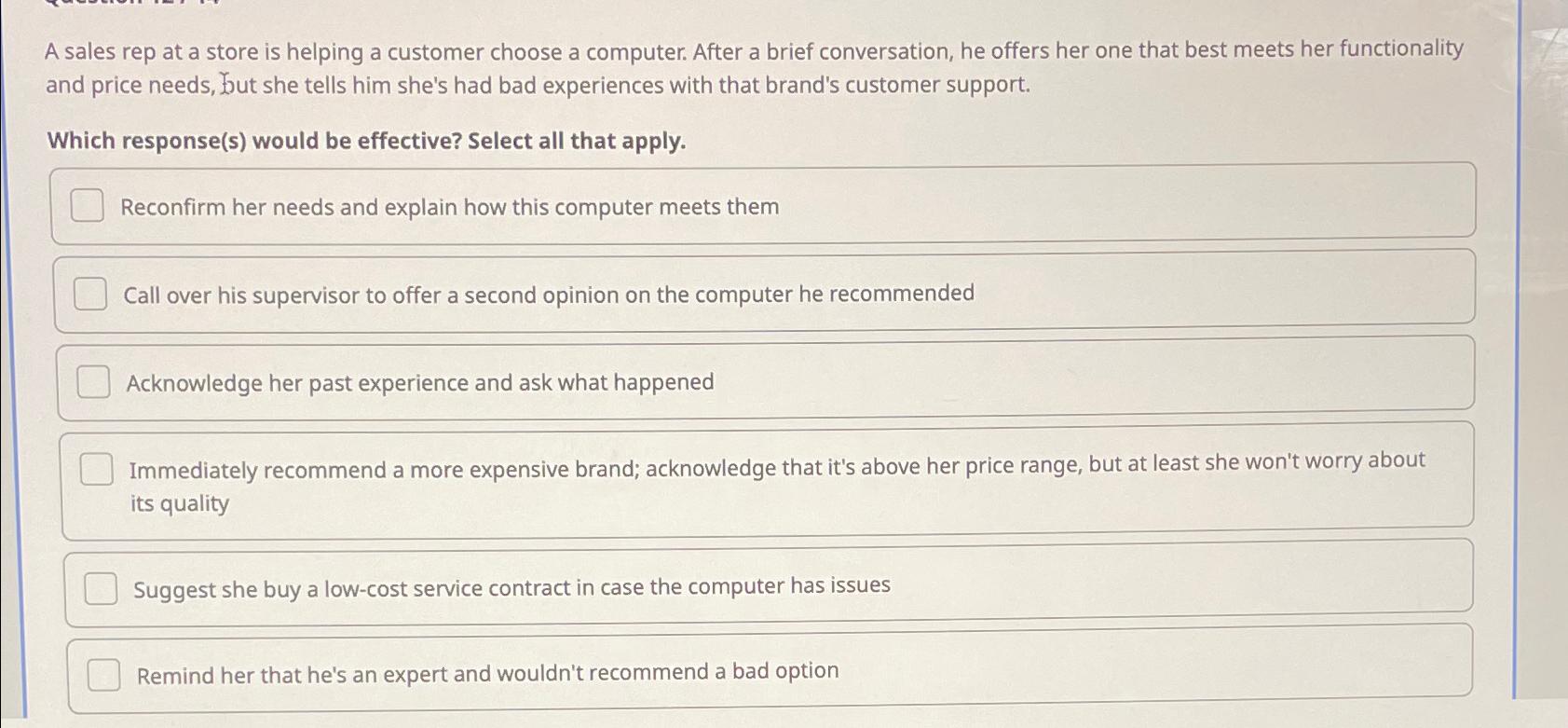  A sales rep at a store is helping a customer choose