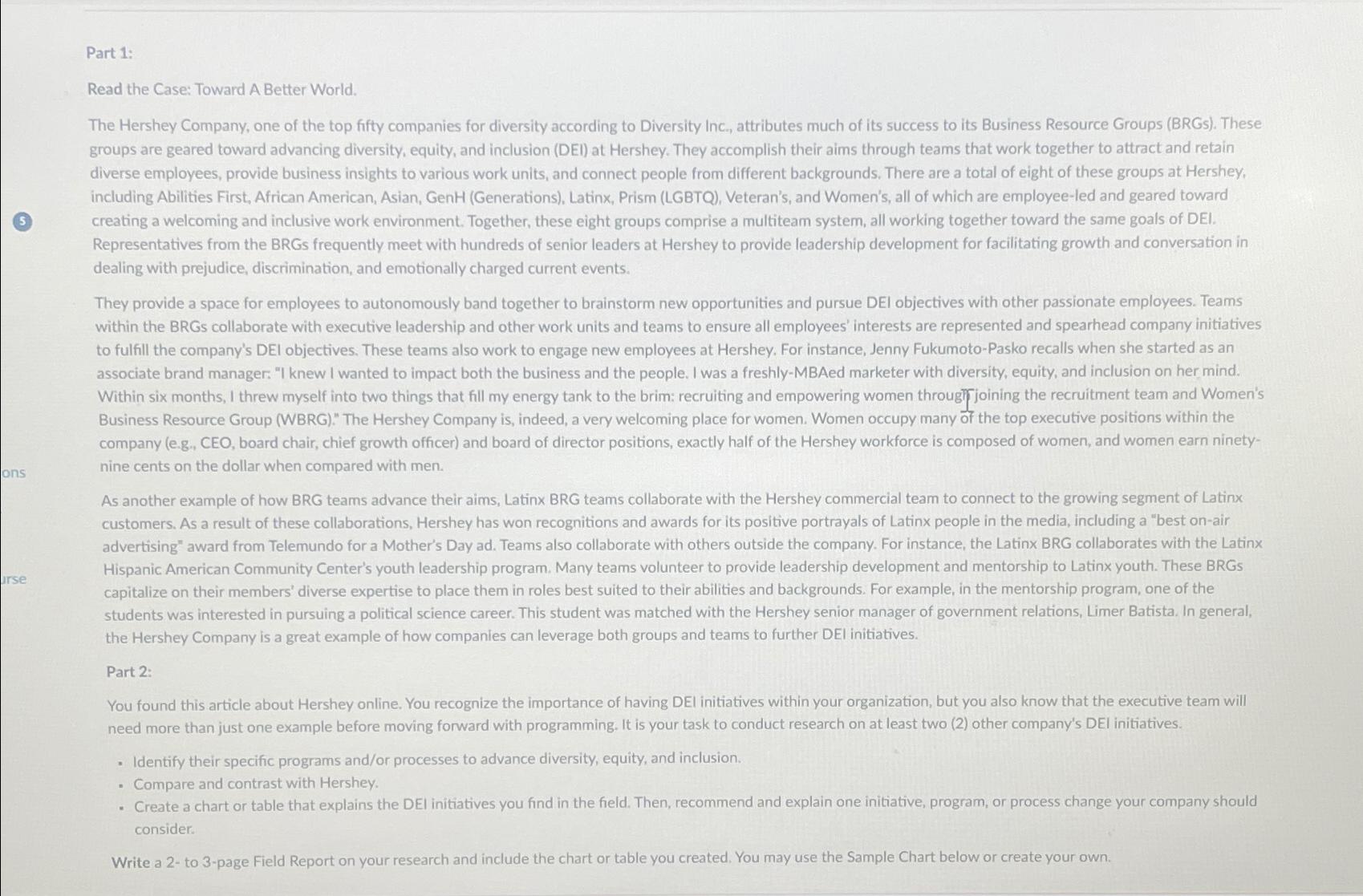  Part 1: Read the Case: Toward A Better World. The Hershey