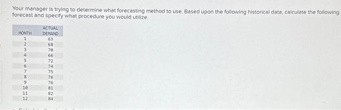  Your manager is trying to determine what forecasting method to use.