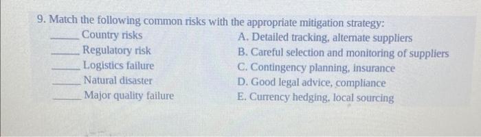 Match the following common risks with the appropriate mitigation strategy: 9. Match