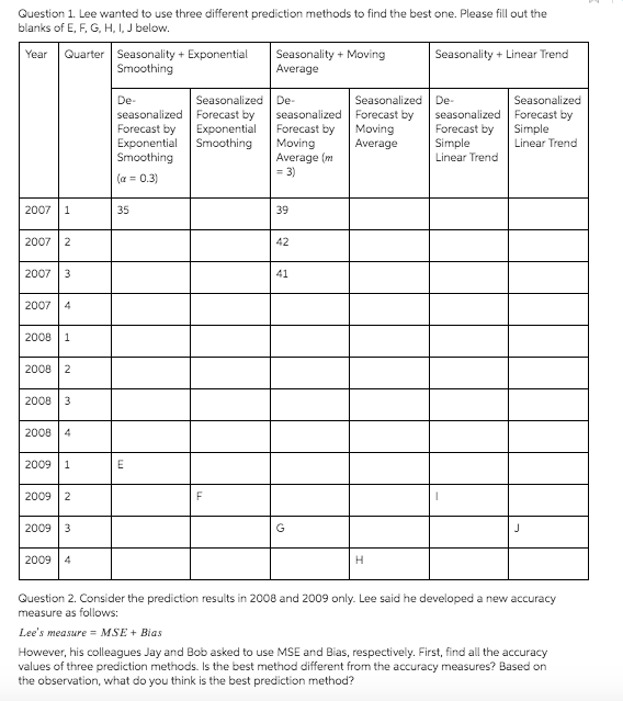  Question 1. Lee wanted to use three different prediction methods to
