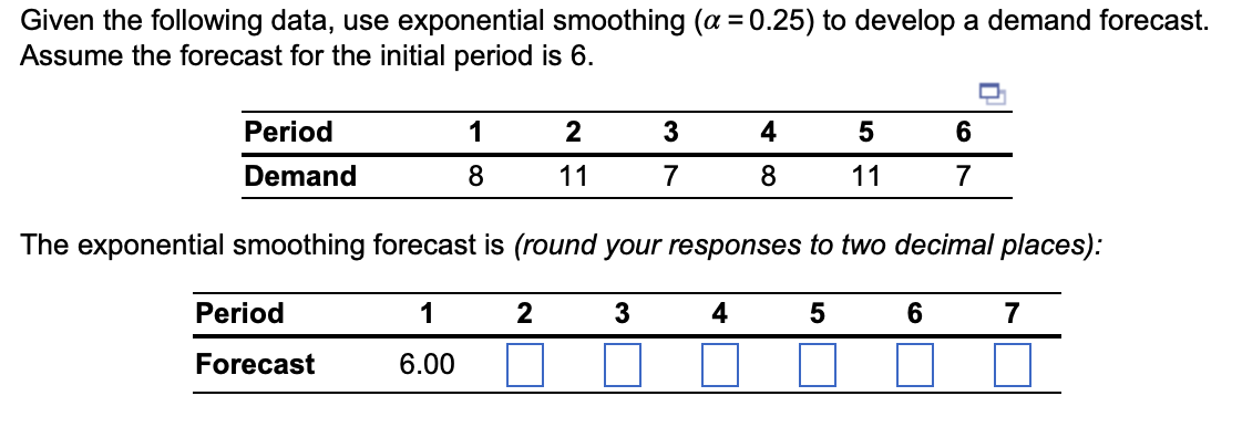  Given the following data, use exponential smoothing (=0.25) to develop a
