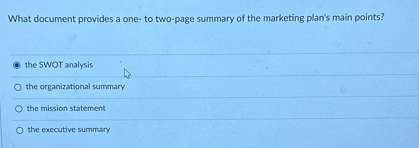  What document provides a one- to two-page summary of the marketing