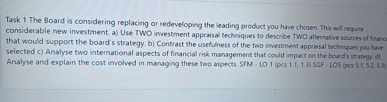  Task 1 The Board is considering replacing or redeveloping the leading