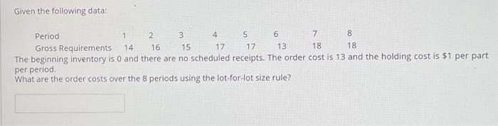  Given the following data: The beginning inventory is 0 and there