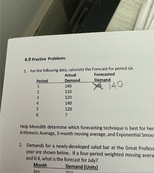 140 is the first forcasred demand 4.9 Practice Problems 1. For the