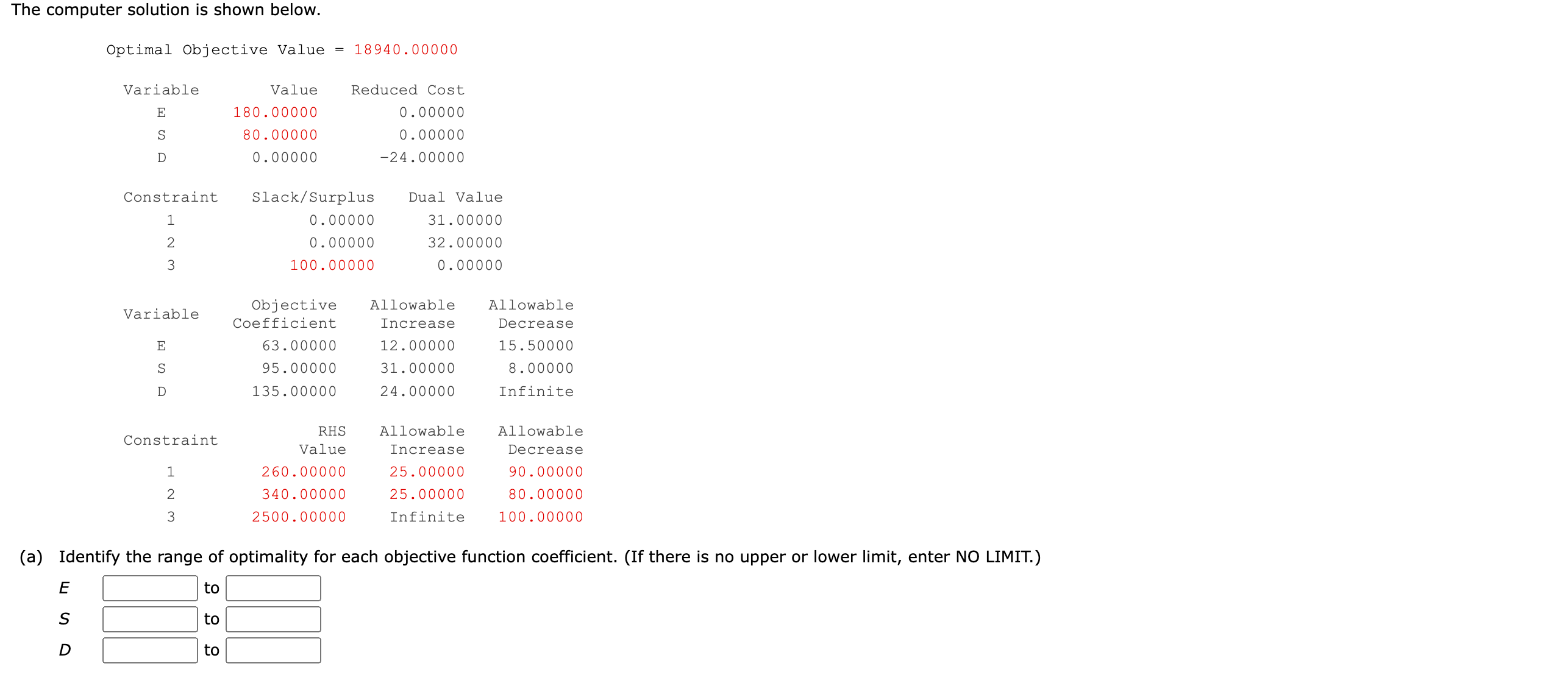 Identify the range of optimality for each objective function coefficient. (If there