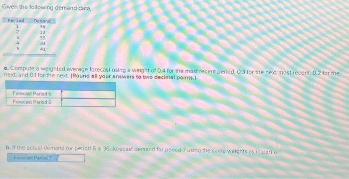  Given the following demand data, 0. Compute a weighted average forecast