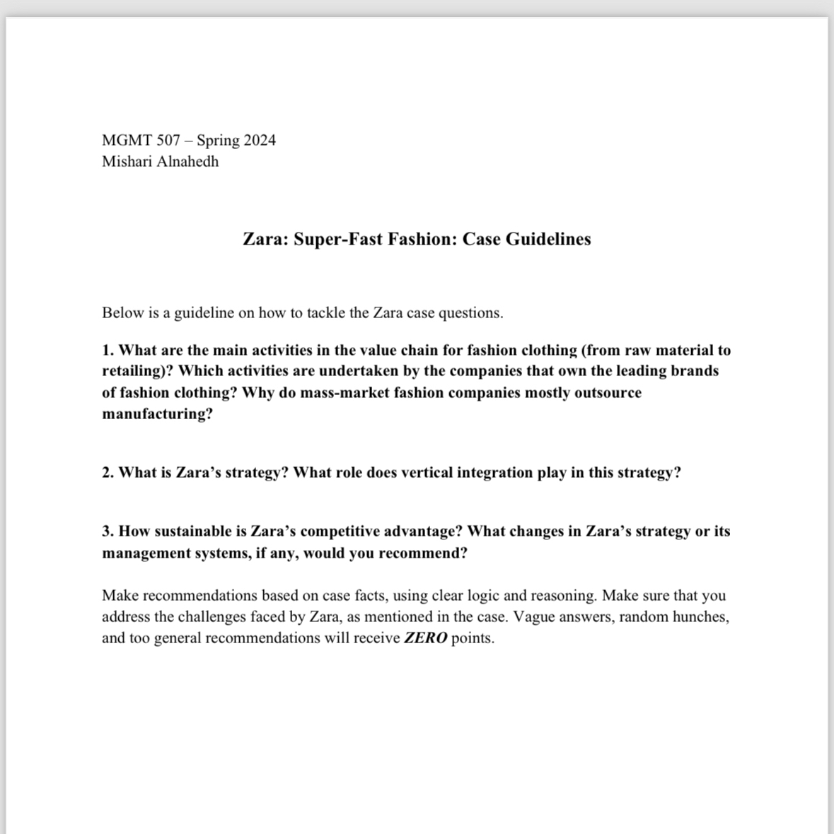  MGMT 507- Spring 2024 Mishari Alnahedh Zara: Super-Fast Fashion: Case Guidelines