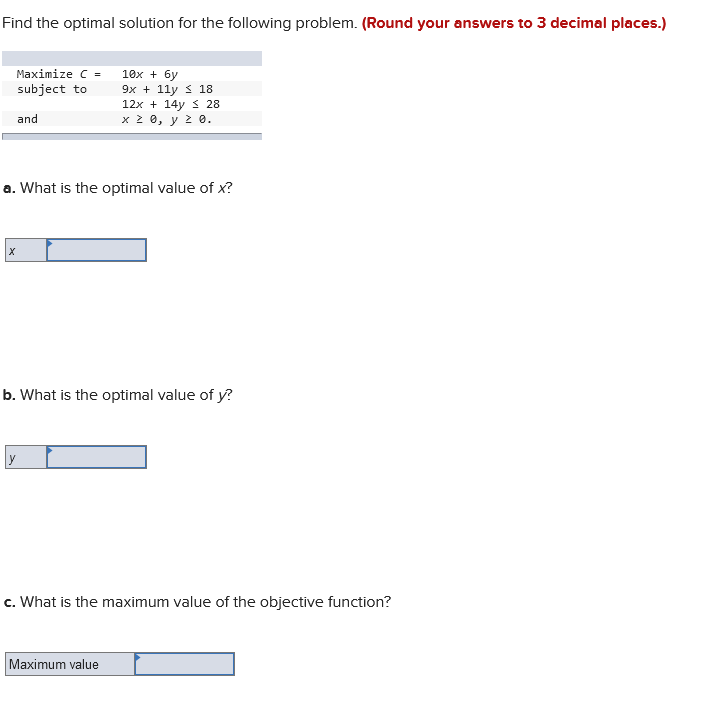 Find the optimal solution for the following problem. (Round your answers