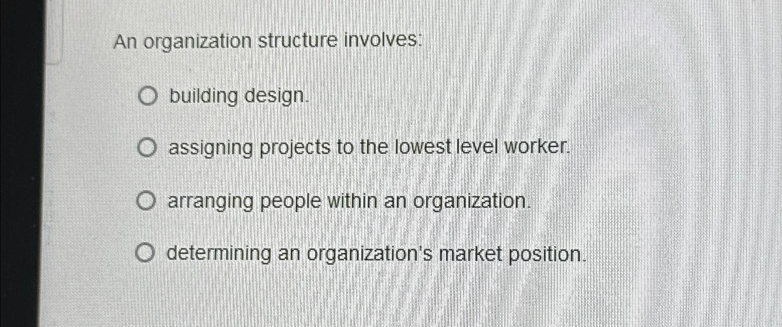  An organization structure involves: building design. assigning projects to the lowest