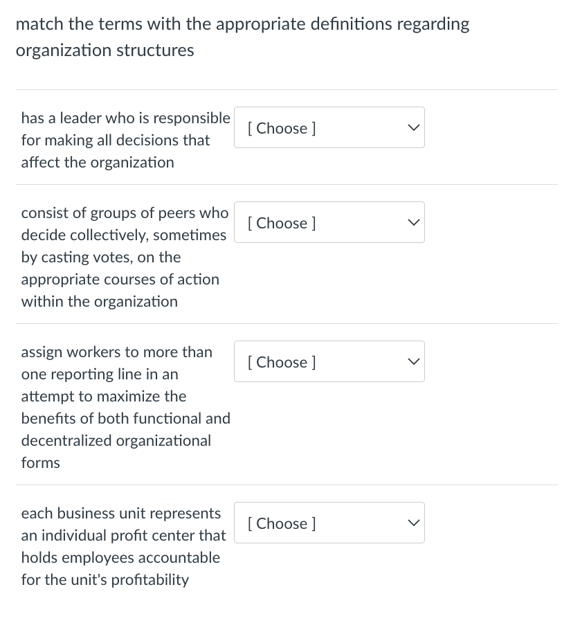 match the terms with the appropriate definitions regarding organization structures has