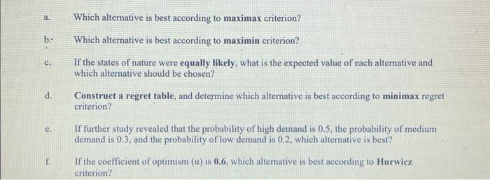 alternatives (A, B, C, and D) that vary by production technology and