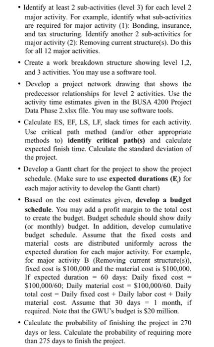 are required for major activity (1): Bonding, insurance, and tax structuring. Identify