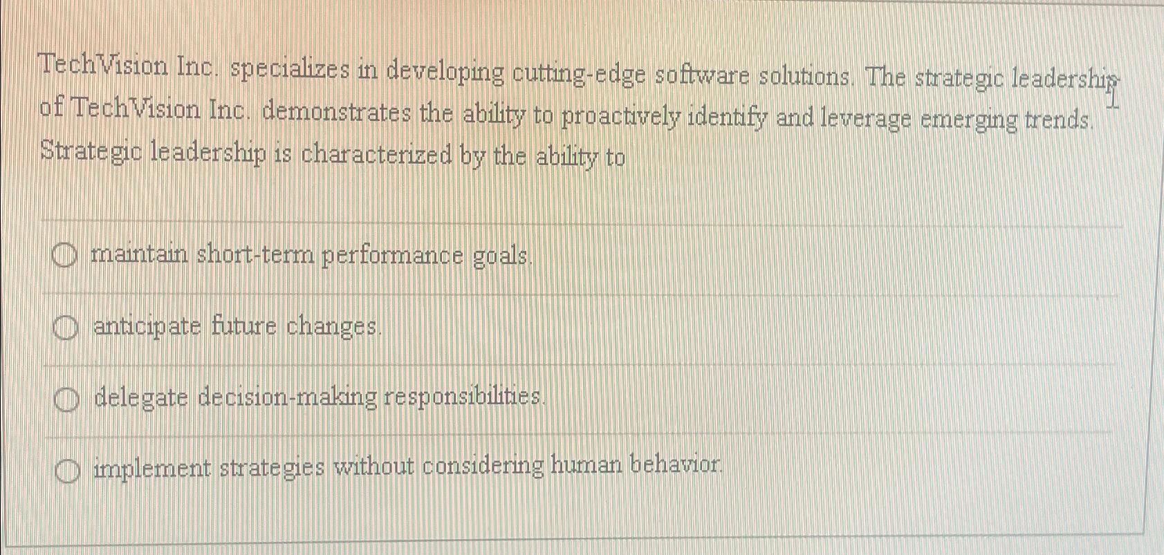  TechVision Inc. specializes in developing cutting-edge software solutions. The strategic leadership