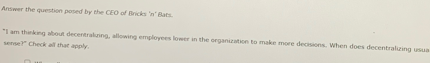  Answer the question posed by the CEO of Bricks 'n' Bats.