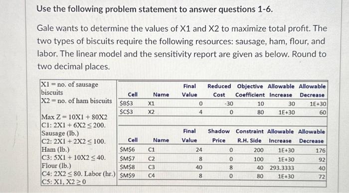 (management science) Use the following problem statement to answer questions 1-6. Gale