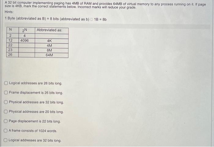  A 32 bit computer implementing paging has 4MB of RAM and