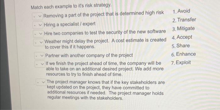  Match each example to it's risk strategy. Match each example to