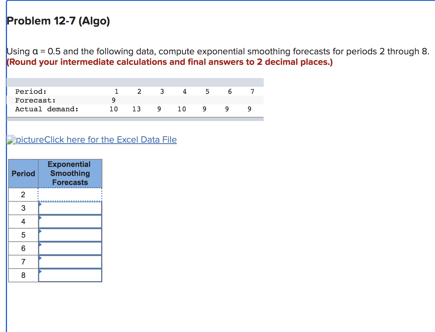 Using =0.5 and the following data, compute exponential smoothing forecasts for