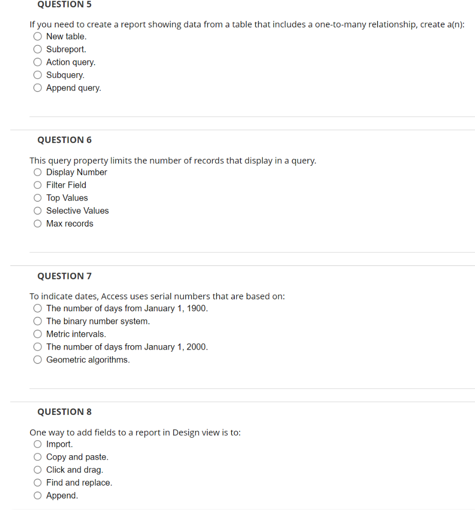 of the one-to-many relationship. Subreport. Clauses. Operations. Properties. Main report. QUESTION 2