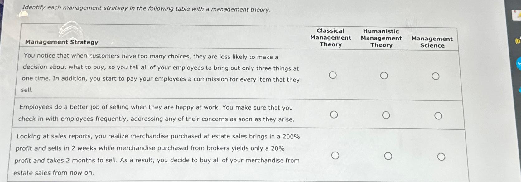  Identify each management strategy in the following table with a management