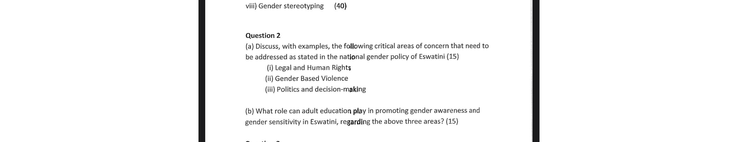  viii) Gender stereotyping (40) Question 2 (a) Discuss, with examples, the