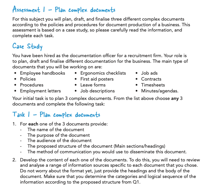  Assessment I - Plan complex documents For this subject you will
