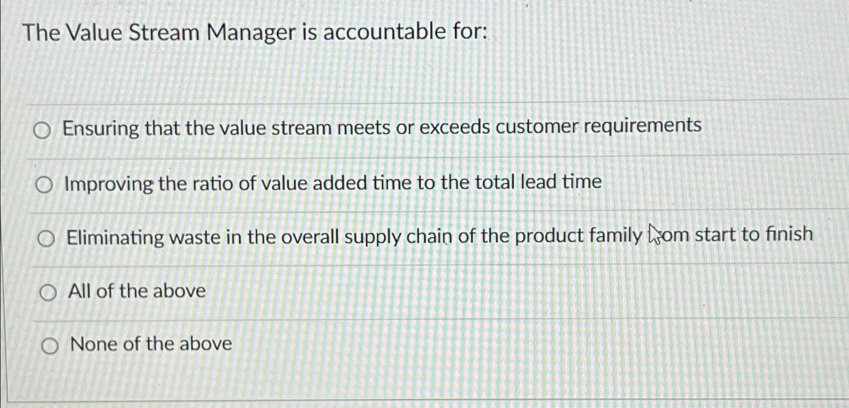  The Value Stream Manager is accountable for: Ensuring that the value