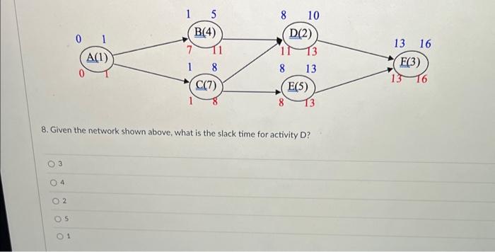  8. Given the network shown above, what is the slack time
