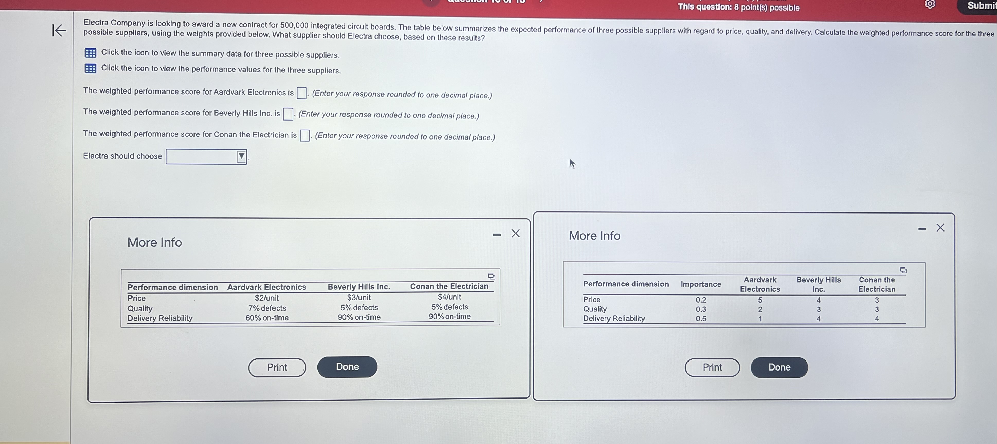  K possible suppliers, using the weights provided below. What supplier should