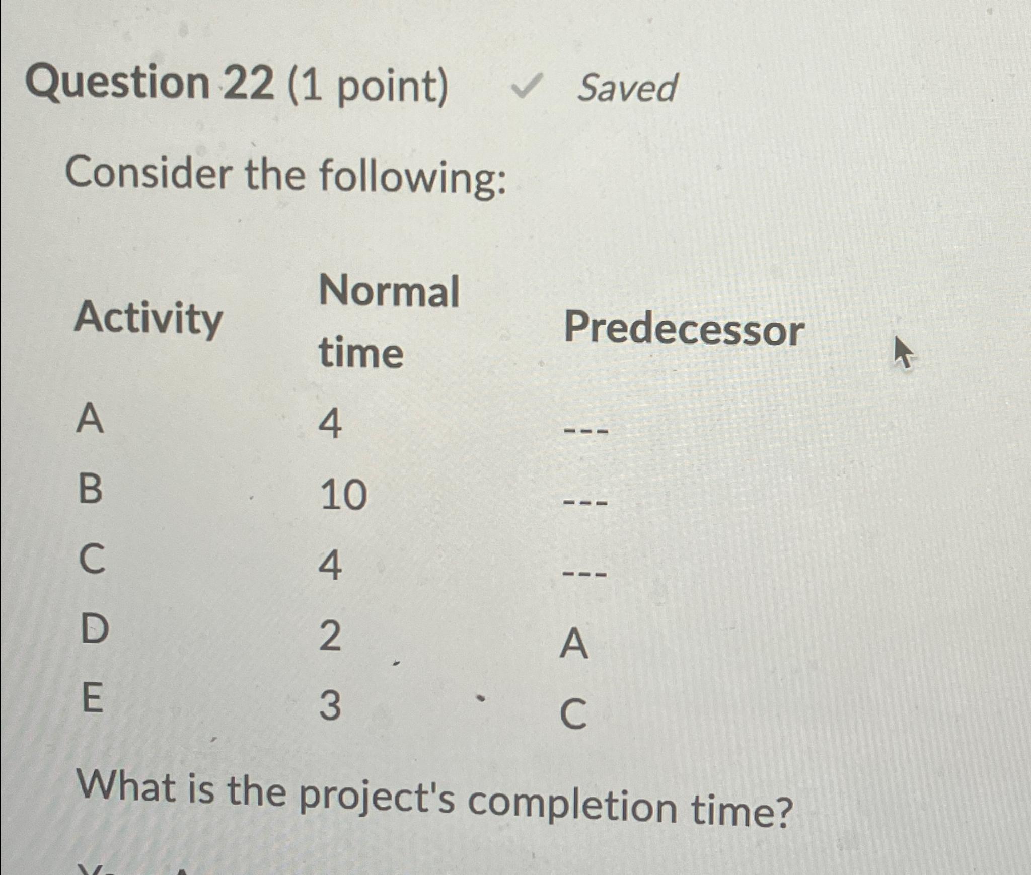  Question 22(1 point) Saved Consider the following: \table[[Activity,\table[[Normal],[time]],Predecessor],[A,4,---],[B,10,---],[C,4,---],[D,2,A],[E,3,C]] What is the