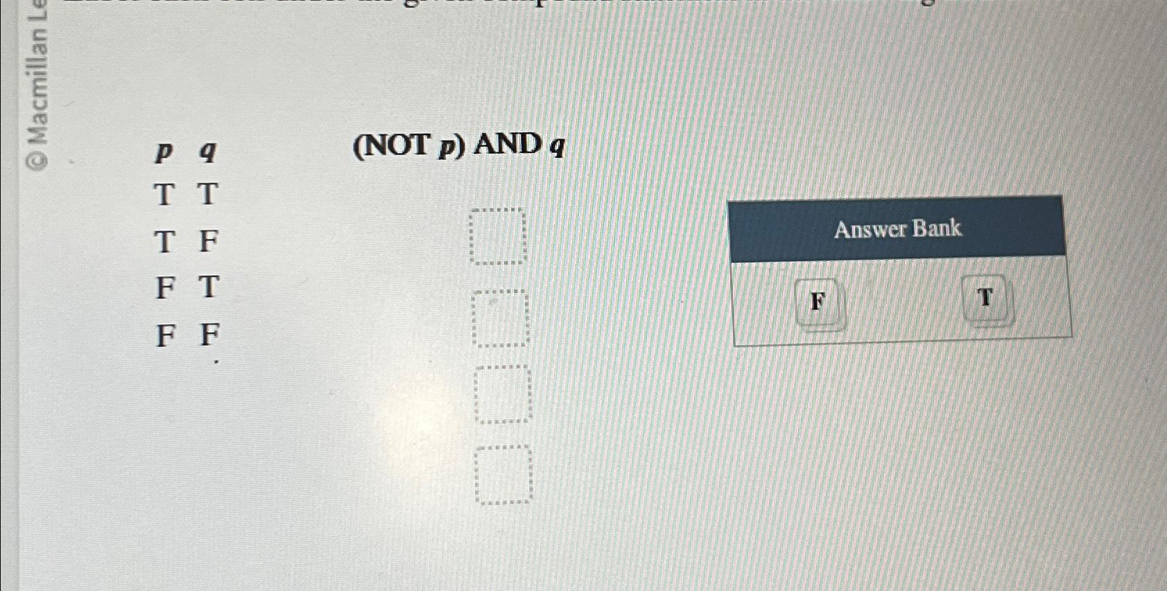  p q (NOT p) AND q T T T F F