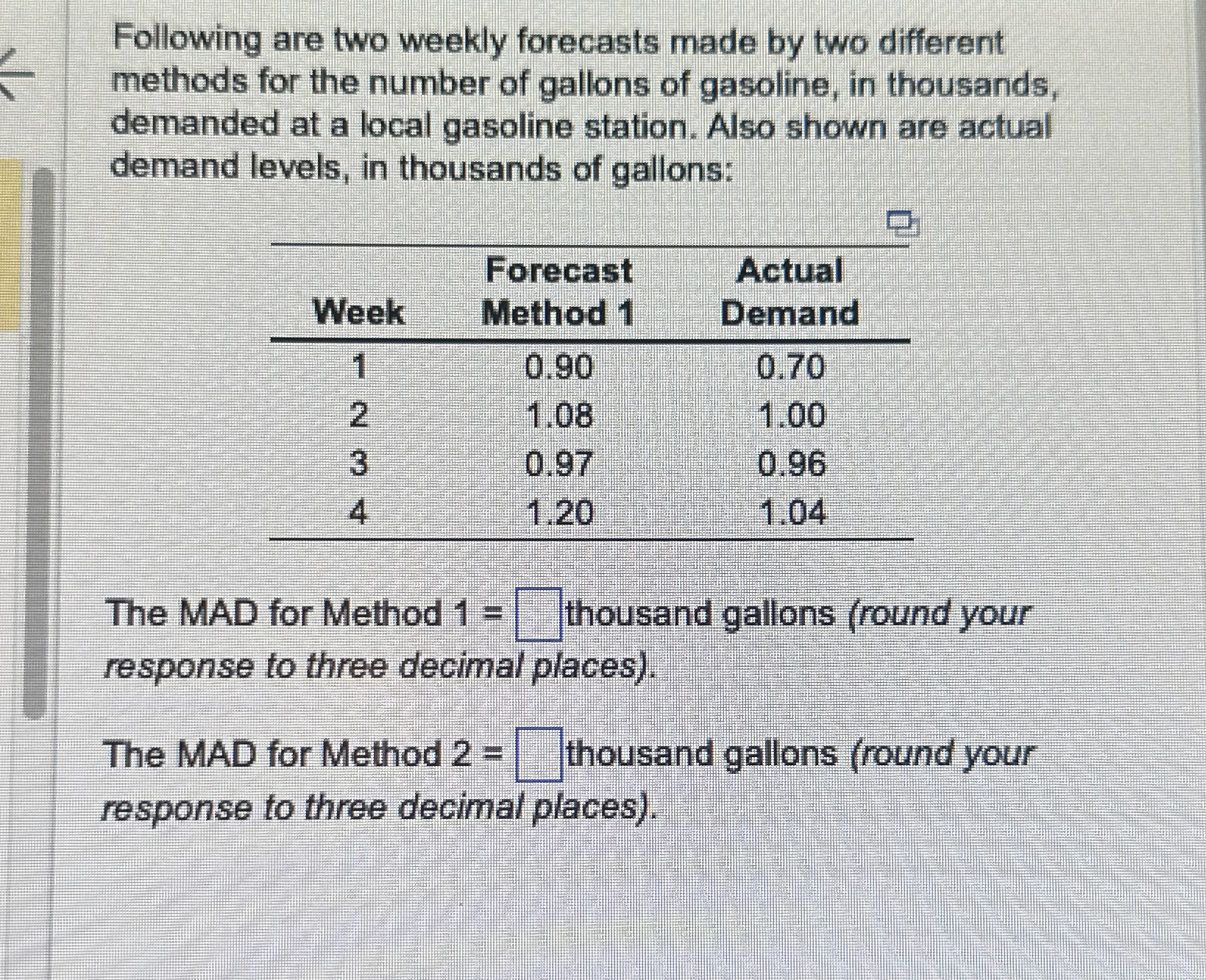  Following are two weekly forecasts made by two different methods for