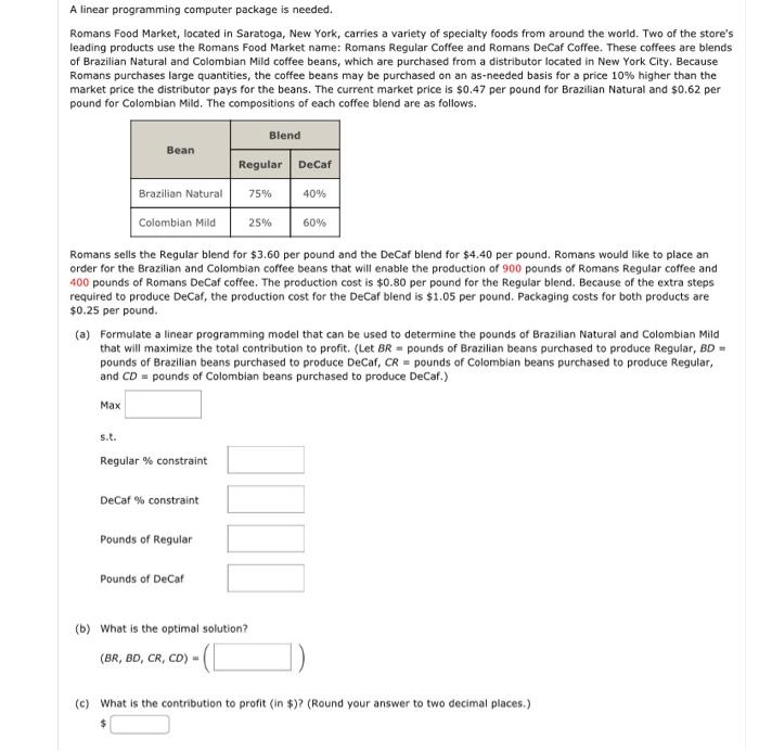  A linear programming computer package is needed. Romans Food Market, located