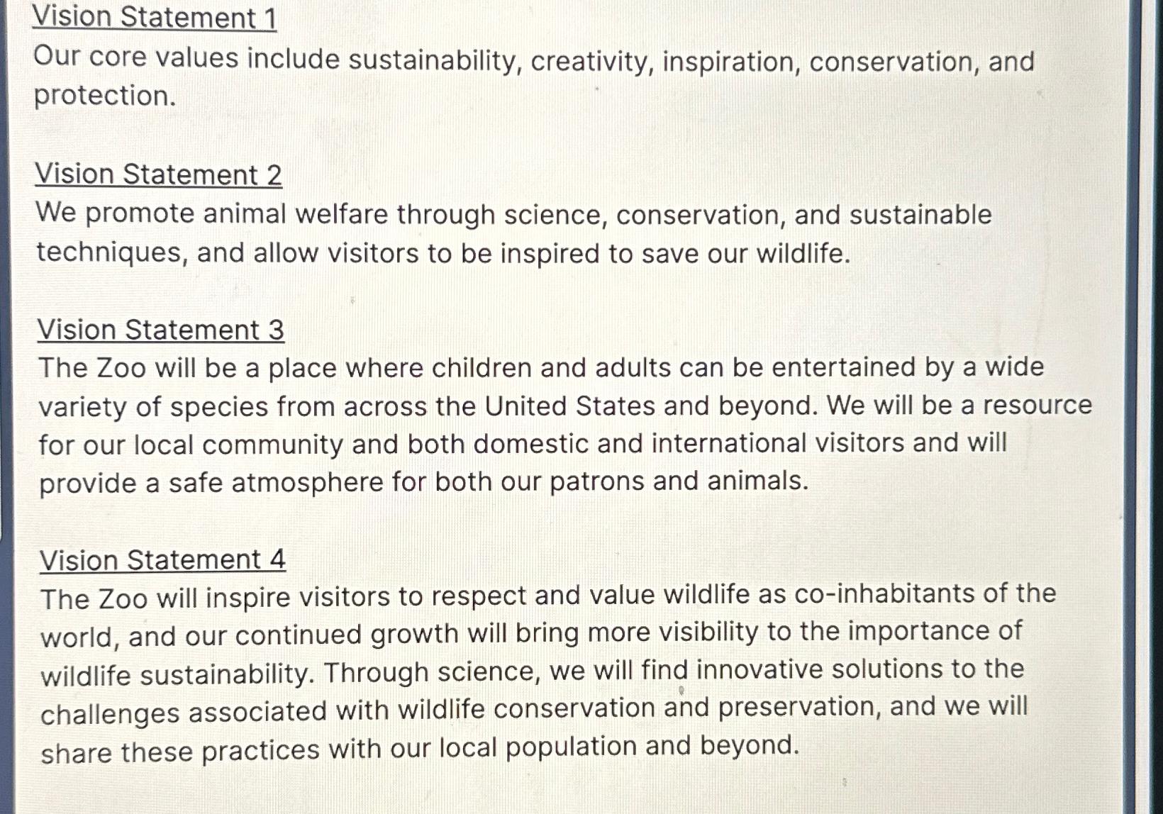 Vision Statement 1 Our core values include sustainability, creativity, inspiration, conservation,