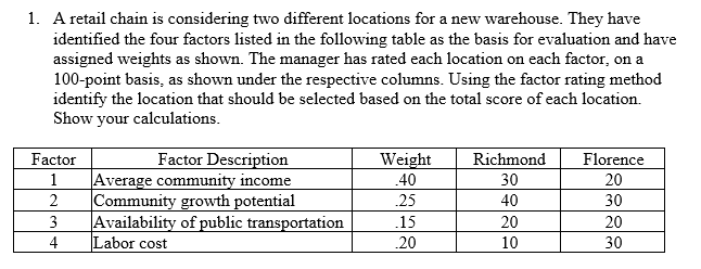  1. A retail chain is considering two different locations for a