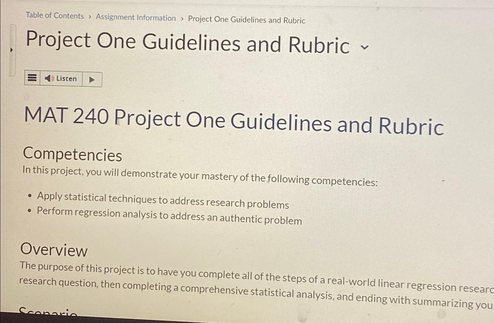  Table of Contents , Assignment Information , Project One Guidelines and