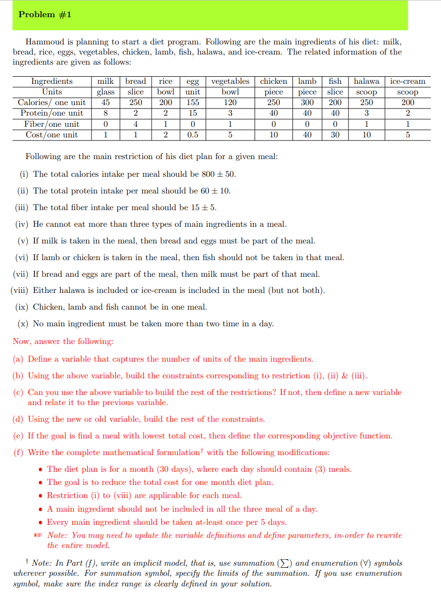 Hammoud is planning to start a diet program. Following are the