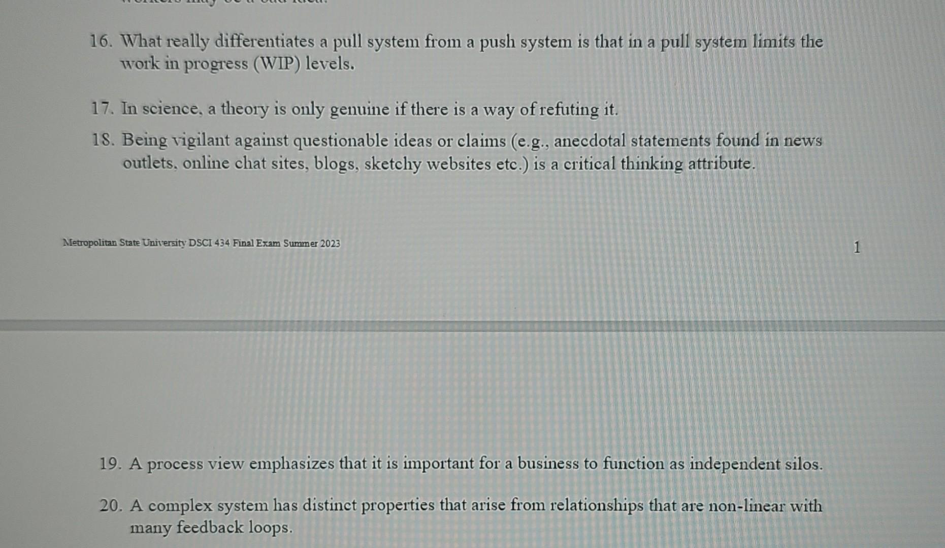  True False (one point each or 20 points total) 1. The