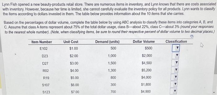 please help calculate dollar volume and selecting classification. thank you! Lynn Fish