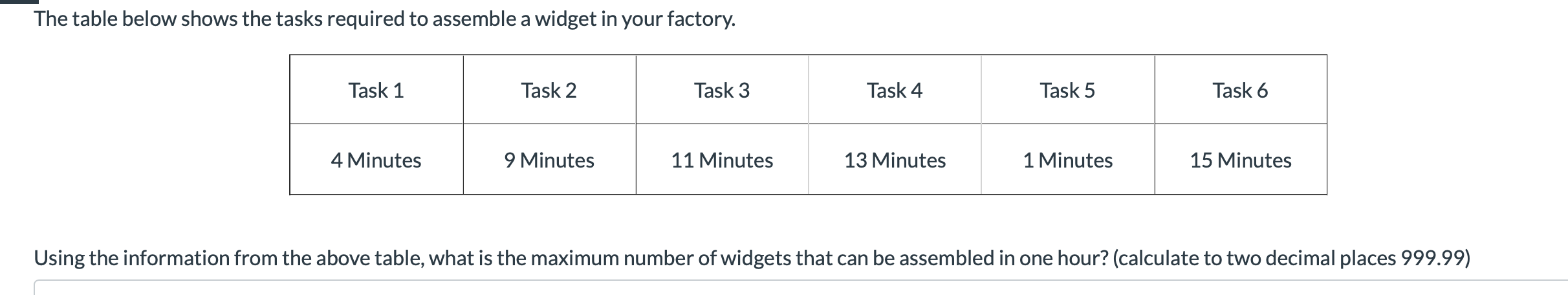 The table below shows the tasks required to assemble a widget